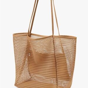 Woven Open-Knit Beach Tote Bag in Tan